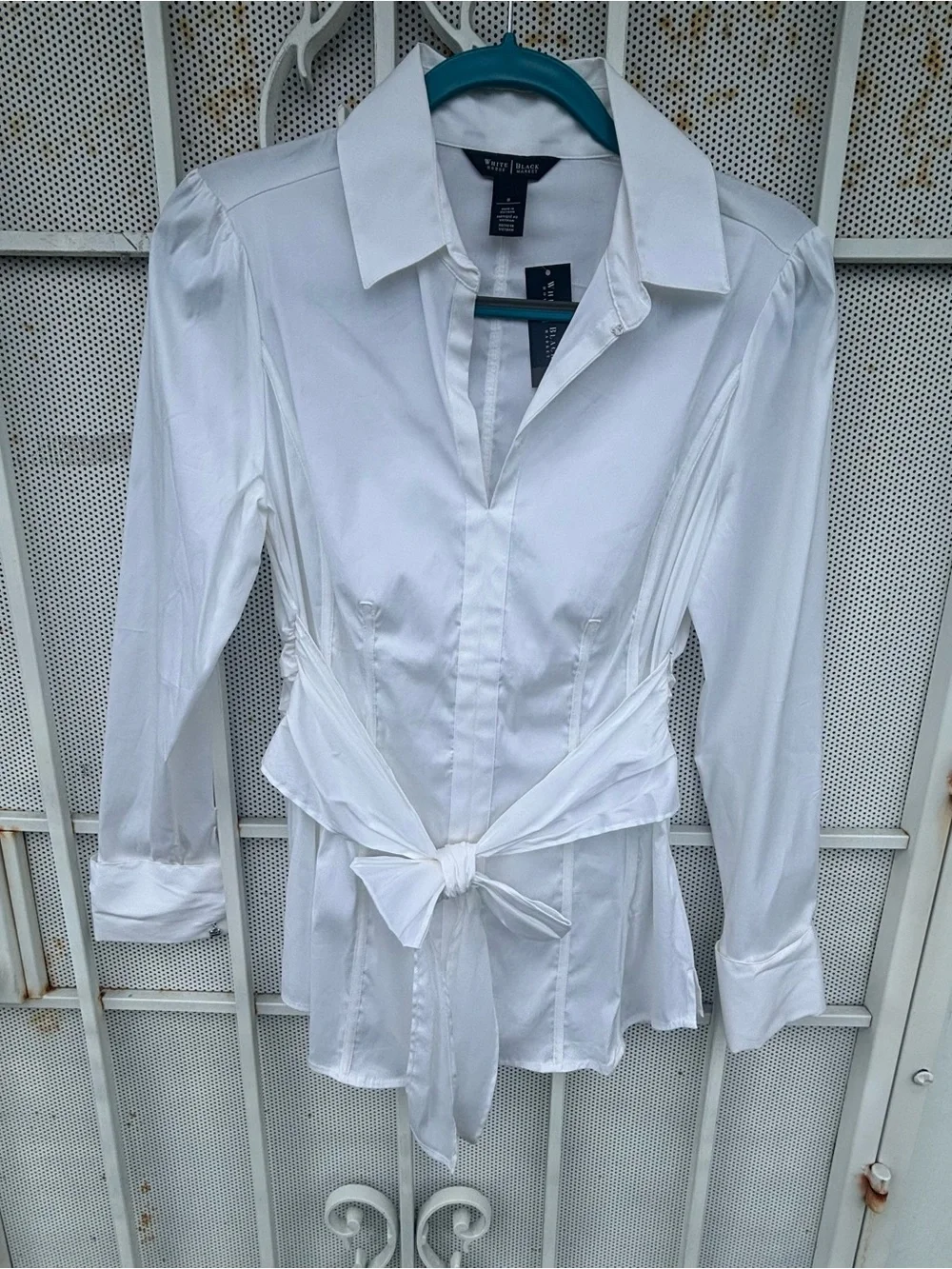 White House/Black Market 12 long sleeve pull on white blouse accent tie NWT - Picture 3 of 10